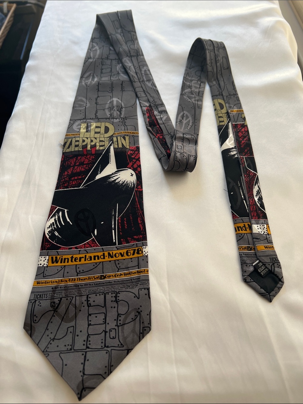 Vintage Winterland Graphic Men's Silk Tie in Gray Concert Poster Artwork Accents